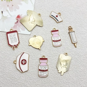 9pcs Enamel Nurse Cap and Medical Syringe Charms for DIY Necklaces and Bracelets