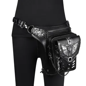Punk Leg Bag PU Leather Skull Metal Rivet Chain Gothic Steampunk Motorbike Waist Pack For Women And Men