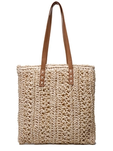 Artistic woven tote bag with hollow pattern and brown faux leather shoulder straps