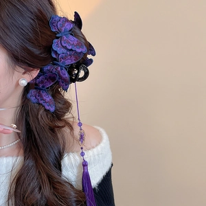 Dettaglio ravvicinato del fermaglio a farfalla ricamato viola con eleganti nappe lunghe