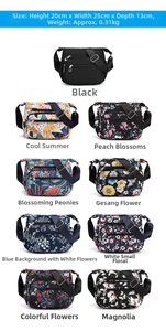 Detail showing various printed nylon crossbody bags with multiple zipper pockets