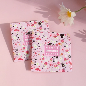 Pink square silver polishing cloth with cute strawberry and flower patterns