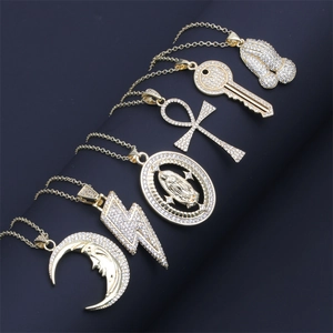 Copper Zirconia Pendant Necklace For Men Women Hip Hop Moon Lightning Bolt Virgin Mary Ankh Cross Key Boxing Glove Jewelry