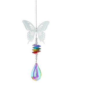 Silver metal butterfly suncatcher with colorful crystal beads and rainbow prism pendant