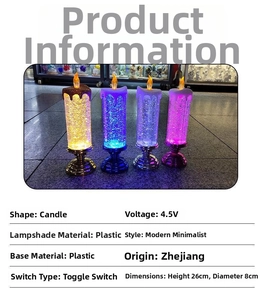 Close-up of LED crystal candle night light with colorful liquid and sparkling sequins