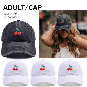 Vintage washed baseball cap with cherry embroidery and adjustable strap for casual wear