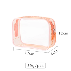 Transparent orange PVC cosmetic bag with dimensions 17x6x12cm and lightweight design