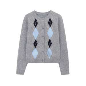 Women's crew neck argyle knit cardigan in grey with blue and yellow diamond pattern
