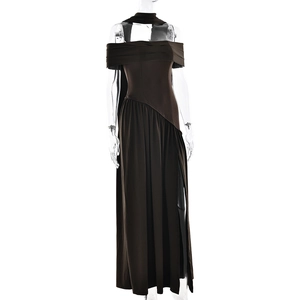 Detailed side view of dark brown ruched maxi dress with high side slit and neck tie