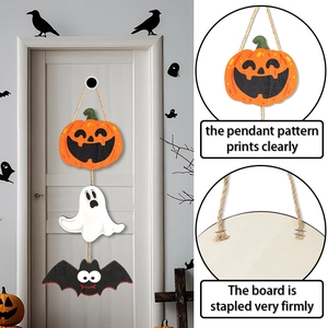 Halloween wooden hanging decoration with ghost, pumpkin and bat icons on rustic jute rope