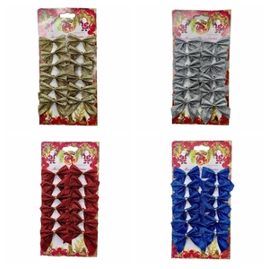 Detailed set of 12 glitter Christmas tree bows in gold, silver, red, and blue colors