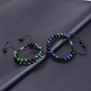 Double layer braided green tiger eye and black agate beaded bracelet for men and women