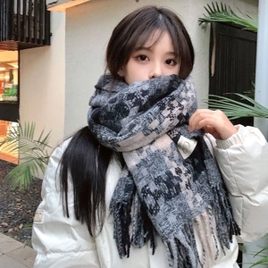 Winter checkered mohair scarf in grey and black with soft tassels for women