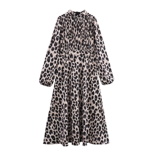 Leopard Print Maxi Dress Polyester Pleated High Waist Belted Retro French Style Long Sleeve Stand Collar Elegant Women