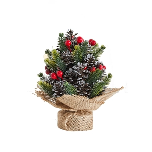 Mini Christmas pine cone tree with red berries and burlap base for tabletop decor