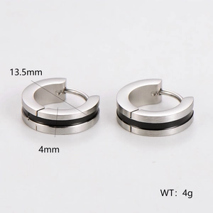 Detail showing 13.5mm stainless steel earrings with brushed finish and black inlay