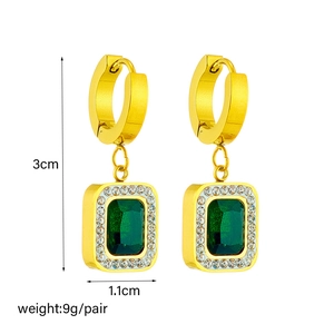 Gold square earrings with green gems and white crystal pavé for women jewelry sets