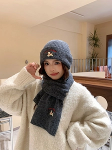 Detailed embroidery of Lucky Pippy text and dog pattern on grey knit hat and scarf set