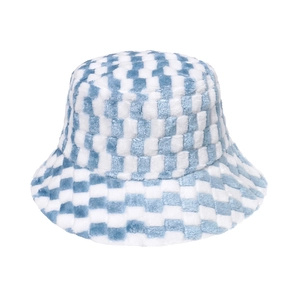 Plush blue and white checkered bucket hat for winter featuring soft faux fur texture