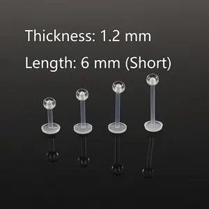 Acrylic transparent lip stud and labret piercing jewelry with 1.2mm gauge and 6mm length