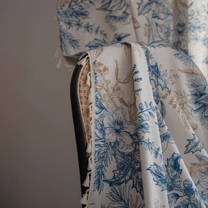 Floral print semi-blackout curtain fabric with pine branch patterns and fringe tassels