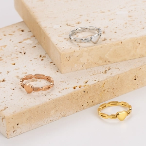 Geometric hollow heart chain rings in gold, silver and rose gold stainless steel