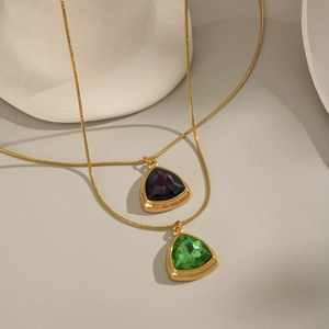18K gold plated stainless steel necklaces with purple and green geometric zircon pendants