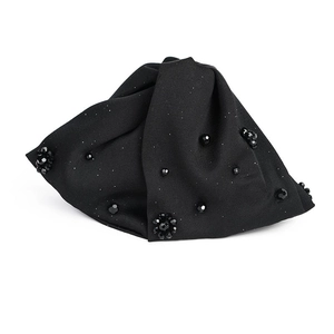 Elegant black double-layered satin bow hair claw clip with vintage beaded floral embellishments