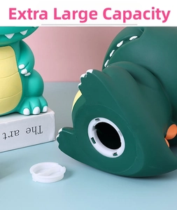 Macro detail of cartoon dinosaur piggy bank showing large capacity and bottom twist plug