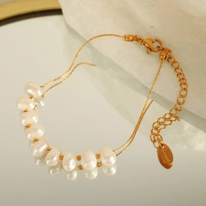 Bracelet de Perles d'Eau Douce Naturelles Style Français pour Femme Acier Inoxydable Plaqué Or 18K Chaîne Réglable Bijoux Mode