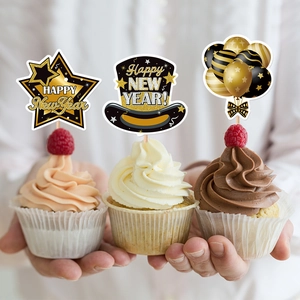 Glittery Happy New Year 2026 cake toppers with star, hat, and balloon shapes