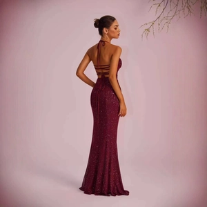 Elegant wine red backless long dress with stylish crisscross tie-up detail for women