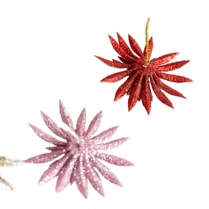 Glitter artificial Christmas flowers in red and light pink for holiday tree decoration