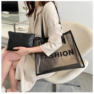 Modern transparent PVC tote bag set with black interior pouch and fashion lettering