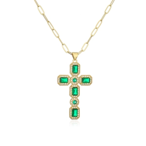 Retro 18K gold plated paperclip chain necklace with green zircon cross pendant