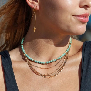 Bohemian multilayer turquoise beaded necklace with tiger eye stone and shark tooth pendant