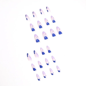 24pcs almond shaped press on nails with blue and purple geometric french tip design