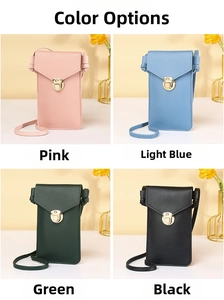 Detail view of four-color crossbody phone bags with leather texture and metal buckle