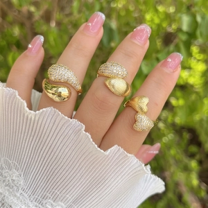 Fashion Adjustable Copper Ring 18K Gold Plated Zircon Inlaid Asymmetric Open Design Jewelry For Women