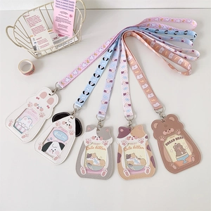 Detailed display of five cartoon animal PU leather ID card holders with matching lanyards