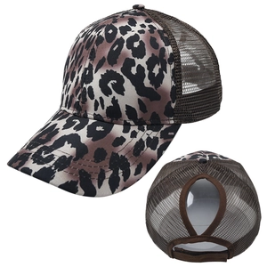 Leopard print baseball cap with brown mesh back and high ponytail opening for women