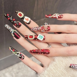 Handmade red and black mahjong press-on nails with luxury rhinestones and 3D crystal charms