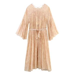 Vestito Maxi Donna Maniche Lunghe Plissettato Stampato Bohemien Elegante Poliestere Maniche A Campana Girocollo Cintura Nodo Stile Vacanze