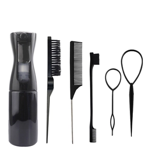6-piece black professional hair styling set including spray bottle, combs and edge brush