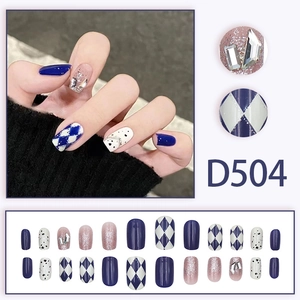 Blue and pink diamond pattern press-on nails with rhinestones and glitter finish