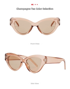 Detailed front and side views of champagne tea cat eye sunglasses with metal accents