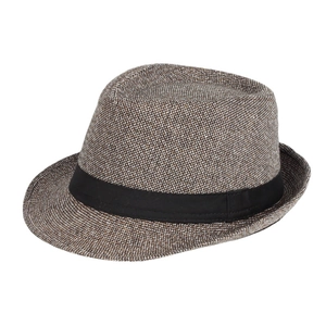 Classic unisex woven fedora jazz hat in brown grey texture with black ribbon band
