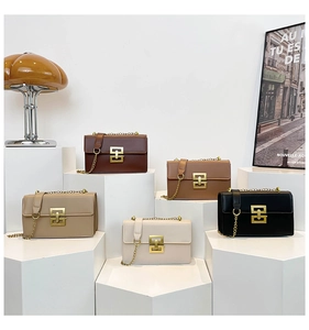Group of retro crossbody bags in five colors with gold chain straps and metal buckles