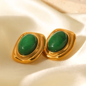 Boucles d'oreilles vintage en acier inoxydable plaqué or 18K avec pierre naturelle verte
