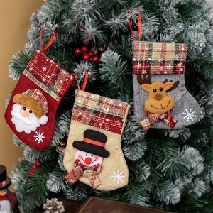 Christmas Stockings Hanging Ornaments Faux Linen Cartoon Santa Snowman Reindeer Plaid Holiday Tree Decor Candy Gift Bags